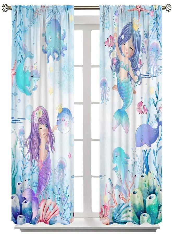 AAVEUP Mermaid Curtains for Girls,Cartoon Fantasy Blue Sea World Cute Jellyfish Dolphin Flower Mermaid Princess Window Treatments for Kids Nursery Bedroom Living Room 42x45in （No Blackout） - Image 2